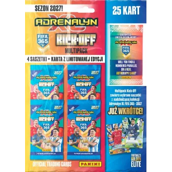 Panini FIFA 365 2027 Adrenalyn XL Trading Card Multipack Kick off – 6 papildu iepakojumi + 2 ierobežota izdevuma kārtis