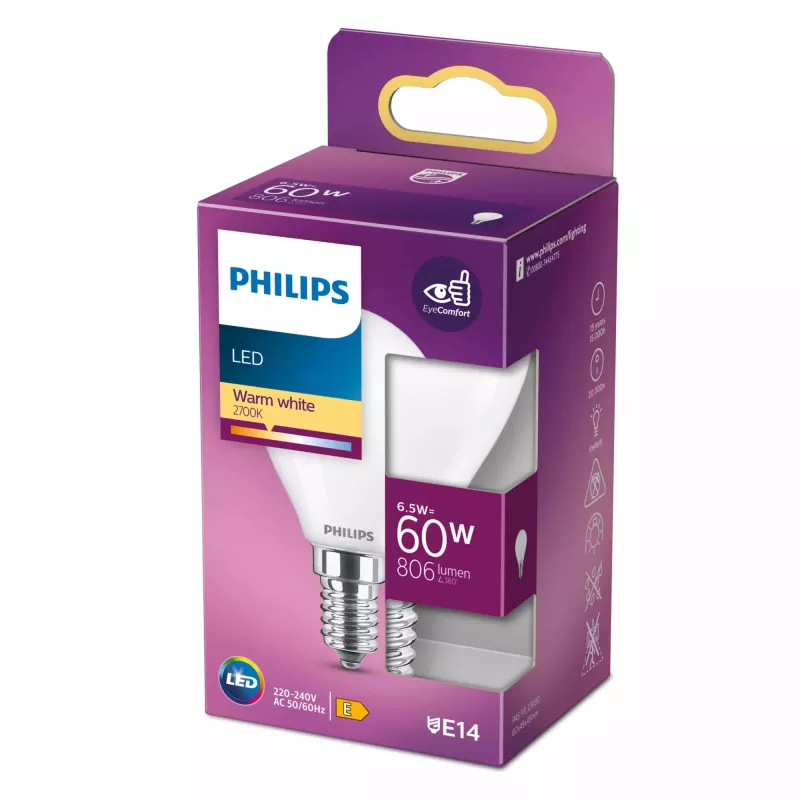 Philips LED Classic 5.5W E14 P45 silti balta 806lm matēta spuldze (60W ekvivalents)