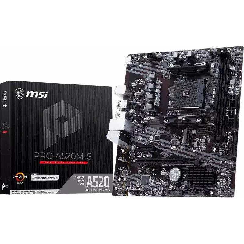 MSI A520M-S AMD A520 AM4 Micro-ATX mātesplate - DDR4, HDMI, DVI, VGA, Gigabit LAN