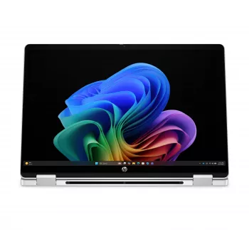 HP OmniBook 5 Flip NG AI 14-km0001nnx - Ultra 7 355, 32GB LPDDR5X 7467 iebūvētā, 512GB, Skārienjūtīgs/14.0 2K (1920x1200) OLED, Glacier Silver DF+ AI logo - 5MP IR TNR, bez 65W maiņstrāvas adaptera, Win 11 Home, 1 gads