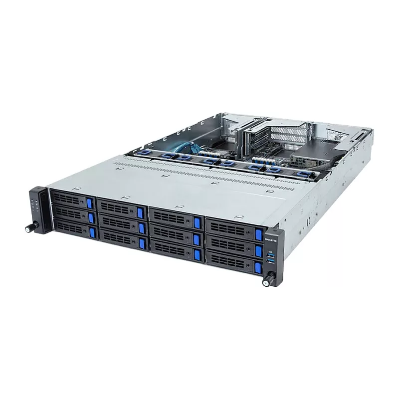 Giga Computing GigaByte R263-S30-AAH2 2U statīvā montējams servera barebone, 5. un 4. paaudzes Intel, 12x 3,5/2,5 collu nodalījumi, 2x 1300 W barošanas bloki