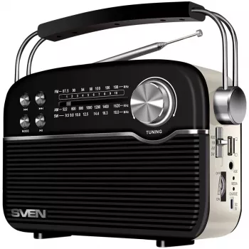 Pārnēsājamais skaļrunis SVEN SRP-500, Melns (3W, Bluetooth, FM/AM/SW, USB, microSD, AUX, Akumulators)