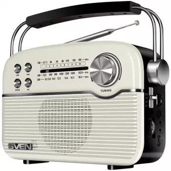 SVEN SRP-500 Pārnēsājams Bluetooth Skaļrunis, Balts (3W, FM/AM/SW Radio, USB, microSD, AUX, Akumulators)