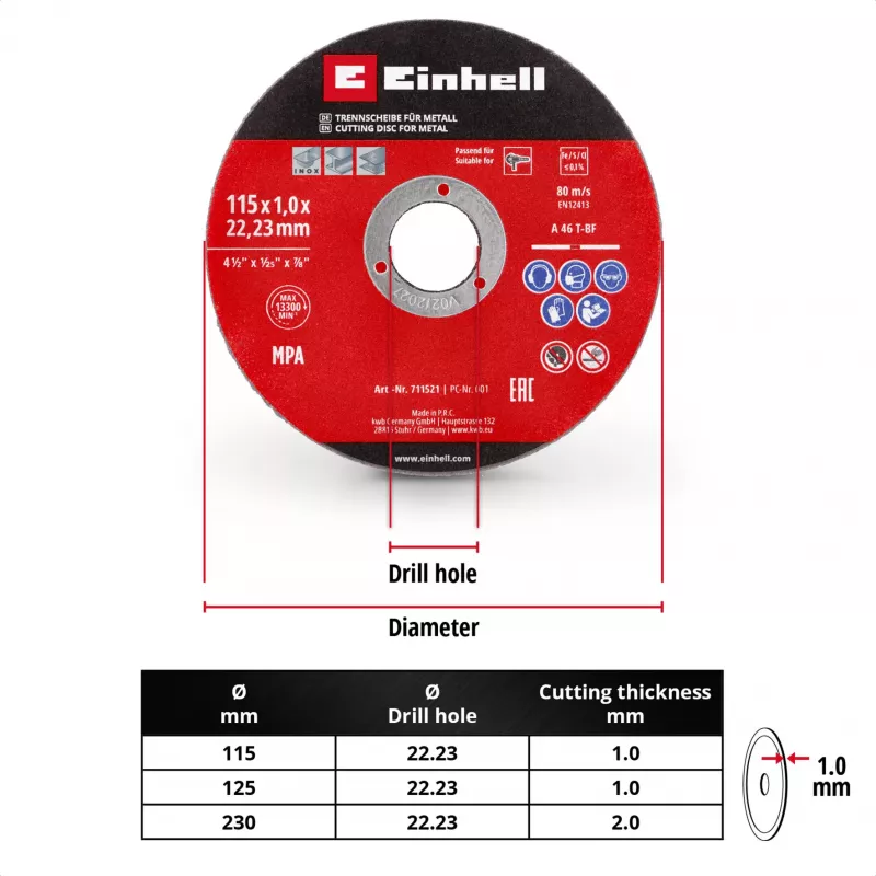 EINHELL-KWB Thin Cutting Disc, Ø 115 x 1,0 mm, 5 Pieces (for Angle Grinder)