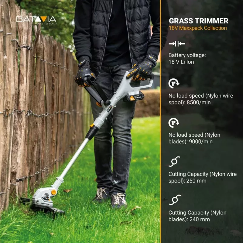 BATAVIA 18V Bezvadu zāles trimmeris 250 mm 2-in-1 ar auklu un asmeņiem