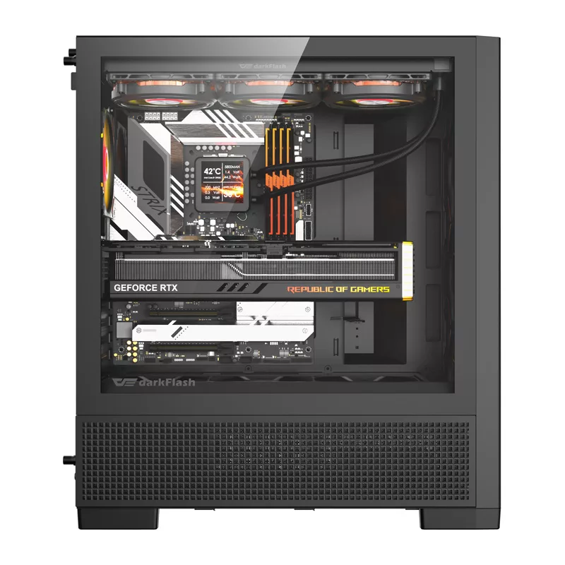 DarkFlash AIRNOVA Big Tower datora korpuss, E-ATX, 3 x 120 mm ventilatori, USB-C Gen2, melns