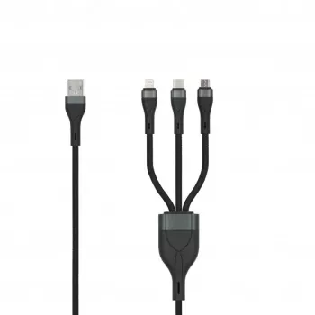 SEEK TOTI USB A to Micro USB / USB-C / Lightning 1,5m Braided Cable 2A (Non-MFI) Black
