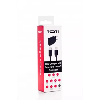 SEEK TOTI 20W Type-C PD Wall Fast Charger ar Type-C uz Type-C, 1 m PVC datu kabelis 3A, Melns