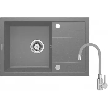 DEANTE Granite Composite 1-Bowl Kitchen Sink with Faucet and Drainer, Black, 780x435 mm