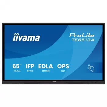 IIYAMA ProLite TE6513A-B3AG 65 collu 4K UHD IPS LED interaktīvs skārienekrāns ar IR skārienu, 20 punktu skāriens, Android 11, 400 cd/m², 8ms, HDMI, DisplayPort, USB-C, VGA, LAN, Wi-Fi, Bluetooth, VESA 600x400, melns