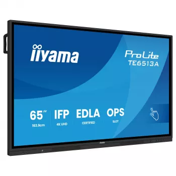 IIYAMA ProLite TE6513A-B3AG 65 collu 4K UHD IPS LED interaktīvs skārienekrāns ar IR skārienu, 20 punktu skāriens, Android 11, 400 cd/m², 8ms, HDMI, DisplayPort, USB-C, VGA, LAN, Wi-Fi, Bluetooth, VESA 600x400, melns