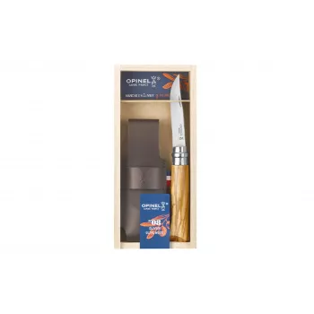 OPINEL No. 08 Olive Wood Folding Knife ar Ādas Maciņu Dāvanu Kārbiņā