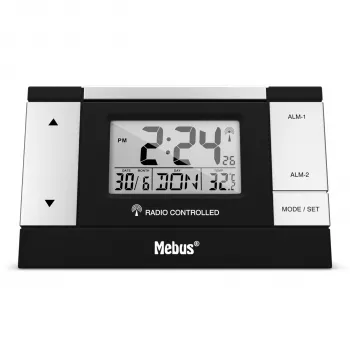 MEBUS 51059 Digitālais modinātājpulkstenis - Melns/Sudrabs - LCD displejs - 12/24h - Uzlādējams akumulators - Micro-USB