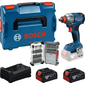 BOSCH PowerTools Bezvadu Triecienuzgriežņu Atslēgu Komplekts GDX 18V 285 Nm ar 2 Akumulatoriem 5.0 Ah un 31 Daļu Uzgaļu Komplektu L-BOXX