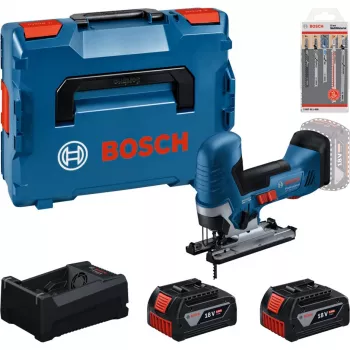 BOSCH PowerTools Bezvadu Finierzāģa Komplekts ar 2 Akumulatoriem 5.0 Ah, Ātro Lādētāju un Finierzāģa Asmeņu Komplektu L-BOXX (Kastē)