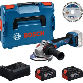 BOSCH Professional Bezvadu Leņķa Slīpmašīnas Komplekts 18V 2x5.0Ah ar Griešanas Disku 125mm L-BOXX