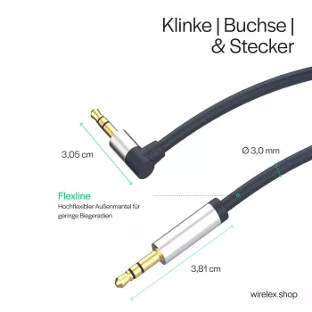 ShiverPeaks Audio 3,5mm Jack Cable, Angled/Straight 0,7m - Black