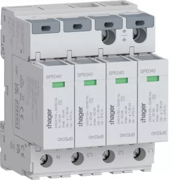 Hager SPE440S 4P 2. tipa pārsprieguma aizsardzības ierīce TNS Uc 275V In 20kA Imax 40kA