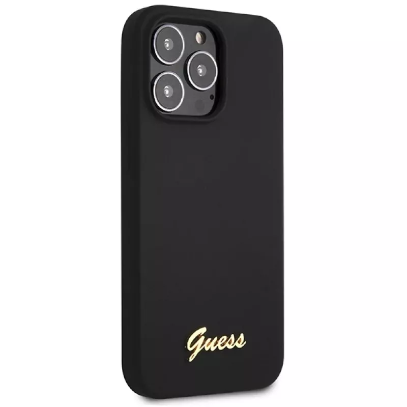 Guess GUHCP13XLSLMGBK iPhone 13 Pro Max 6,7 inch Black Silicone Hard Case with Script Gold Logo