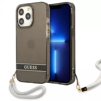 Guess GUHCP13LHTSGSK Caurspīdīgs cietais maciņš ar rokas siksniņu Apple iPhone 13 Pro / iPhone 13, Melns