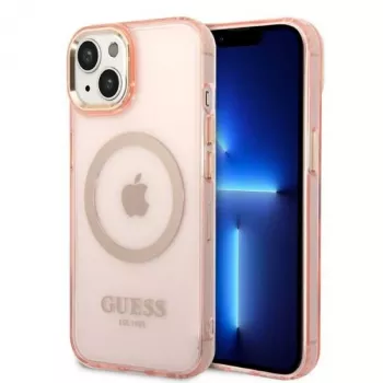 Guess Gold Outline Translucent MagSafe Hard Case iPhone 13/14/15 6,1 inch Rozā