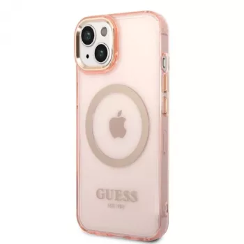 Guess Gold Outline Translucent MagSafe Hard Case iPhone 13/14/15 6,1 inch Rozā