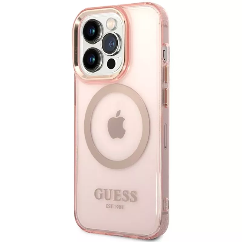 Guess Gold Outline Translucent MagSafe Case iPhone 14 Pro Max 6,7 inch Pink Hard Case