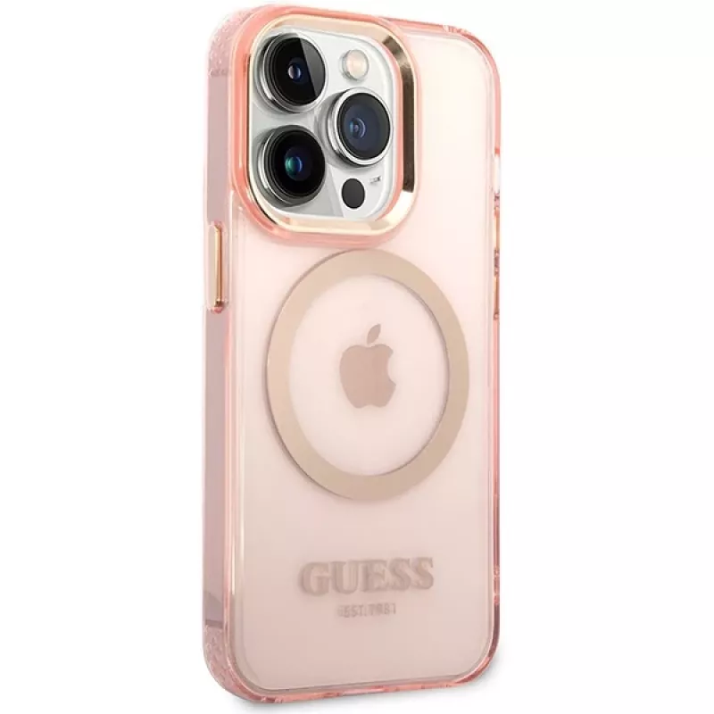 Guess Gold Outline Translucent MagSafe Case iPhone 14 Pro Max 6,7 inch Pink Hard Case
