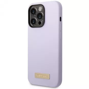 Guess GUHMP14LSBPLU Silikona cietais maciņš ar logotipa plāksni Apple iPhone 14 Pro 6,1 inch - Purpura, MagSafe saderīgs