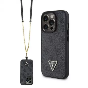GUESS PU 4G Strass Triangle Metal Case + Strap iPhone 15 Pro Black