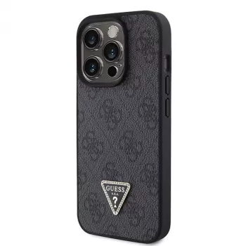 GUESS PU 4G Strass Triangle Metal Case + Strap iPhone 15 Pro Black
