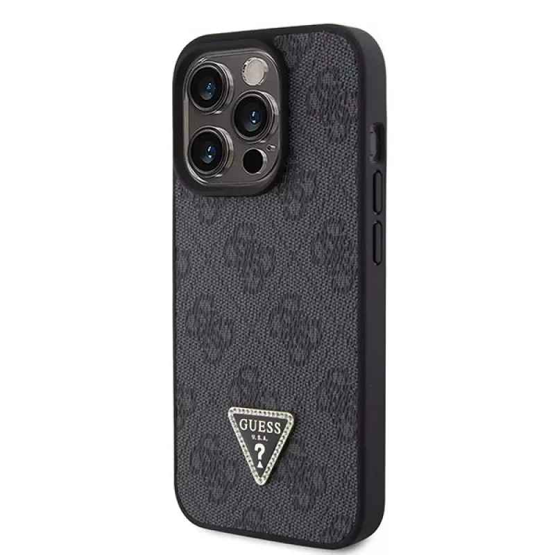 GUESS PU 4G Strass Triangle Metal Case + Strap iPhone 15 Pro Black
