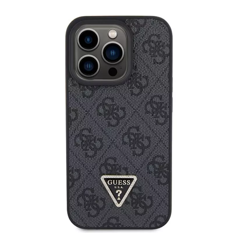GUESS PU 4G Strass Triangle Metal Case + Strap iPhone 15 Pro Black
