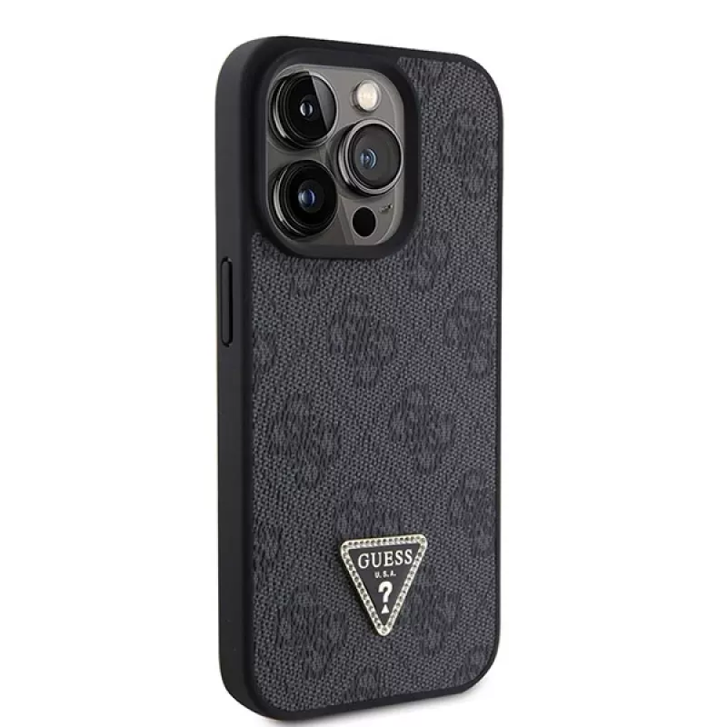 GUESS PU 4G Strass Triangle Metal Case + Strap iPhone 15 Pro Black