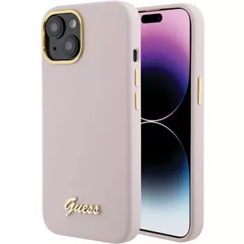 Guess GUHCP15SSMBSLP Silicone Script Metal Logo & Frame Hard Case Apple iPhone 15 / 14 / 13 6,1 inch - Rozā