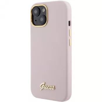 Guess GUHCP15SSMBSLP Silicone Script Metal Logo & Frame Hard Case Apple iPhone 15 / 14 / 13 6,1 inch - Rozā