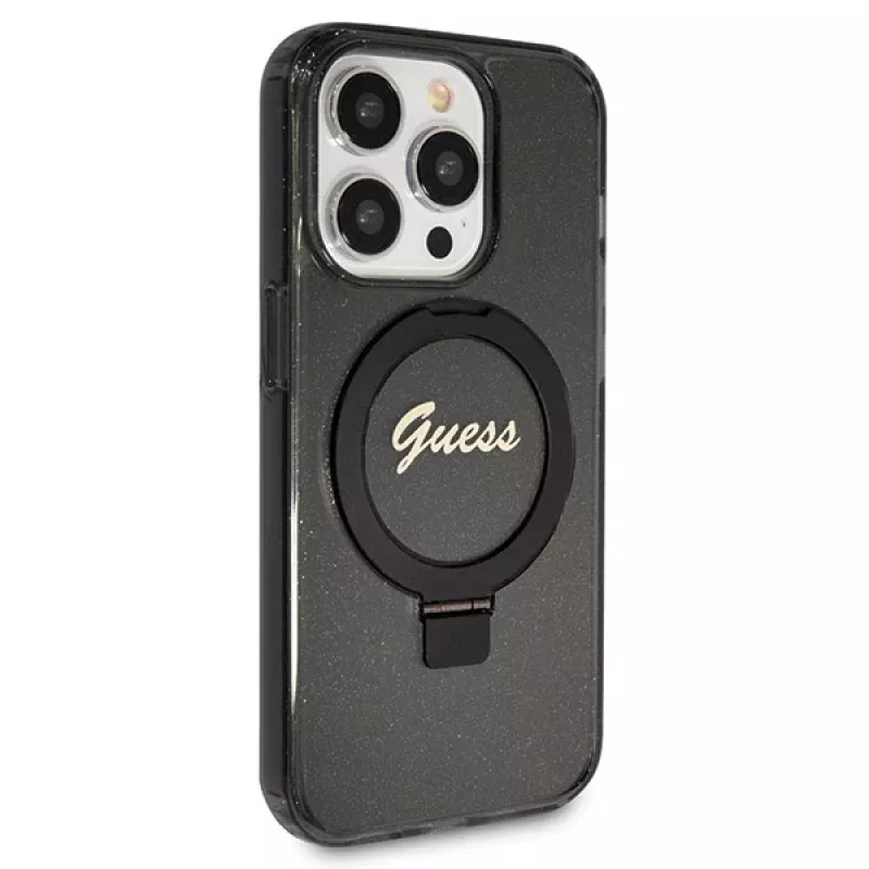 Guess GUHMP13XHRSGSK iPhone 13 Pro Max 6,7 inch Black Hardcase Ring Stand Script Glitter MagSafe