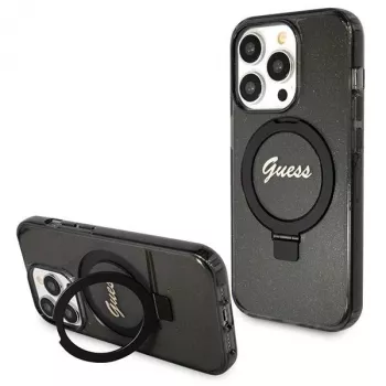 Guess GUHMP14XHRSGSK iPhone 14 Pro Max 6.7 Black Hardcase Ring Stand Script Glitter MagSafe
