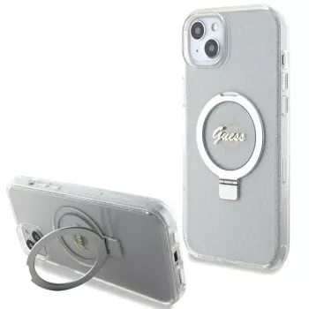 Guess GUHMP15MHRSGSD iPhone 15 Plus / 14 Plus 6,7 inch Caurspīdīgs Cietais Maciņš ar Gredzena Turētāju, Glitter, Script, MagSafe