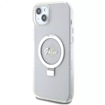 Guess GUHMP15MHRSGSD iPhone 15 Plus / 14 Plus 6,7 inch Caurspīdīgs Cietais Maciņš ar Gredzena Turētāju, Glitter, Script, MagSafe