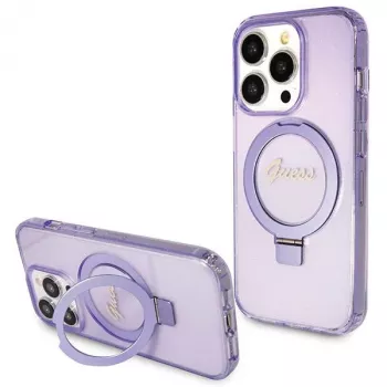 Guess GUHMP13LHRSGSU iPhone 13 Pro / 13 6,1 inch Purple Hardcase Ring Stand Script Glitter MagSafe
