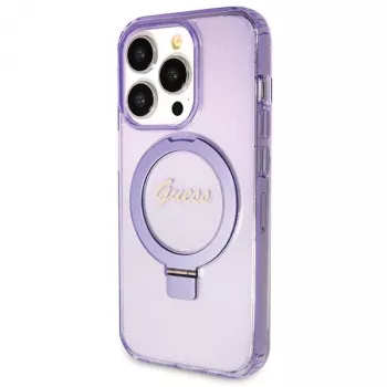 Guess GUHMP13LHRSGSU iPhone 13 Pro / 13 6,1 inch Purple Hardcase Ring Stand Script Glitter MagSafe