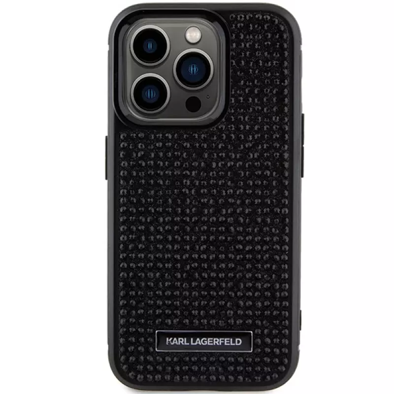 Karl Lagerfeld KLHCP15LHDSPLK Cietais Maciņš iPhone 15 Pro 6.1 inch Melns Ar Strāzēm Un Metāla Plāksni