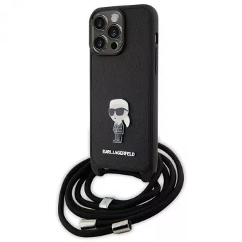 Karl Lagerfeld KLHCP15XSASKNPSK Cietais Vāciņš iPhone 15 Pro Max 6,7 inch Melns Crossbody Saffiano Monogram Metāla Piespraude Karl & Choupette
