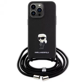 Karl Lagerfeld KLHCP15XSASKNPSK Cietais Vāciņš iPhone 15 Pro Max 6,7 inch Melns Crossbody Saffiano Monogram Metāla Piespraude Karl & Choupette