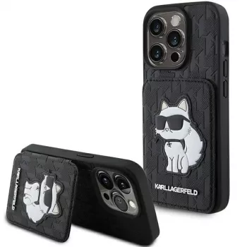 Karl Lagerfeld KLHCP15LSAKCNSCK iPhone 15 Pro 6.1 Black Hardcase Saffiano Cardslots and Stand Monogram Choupette