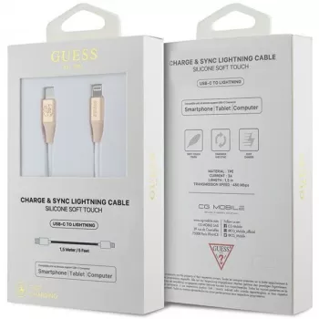 Guess GUCLLALRGDD USB-C uz Lightning kabelis 1,5m Ātrā uzlāde Gaiši zelts ar reljefu logotipu