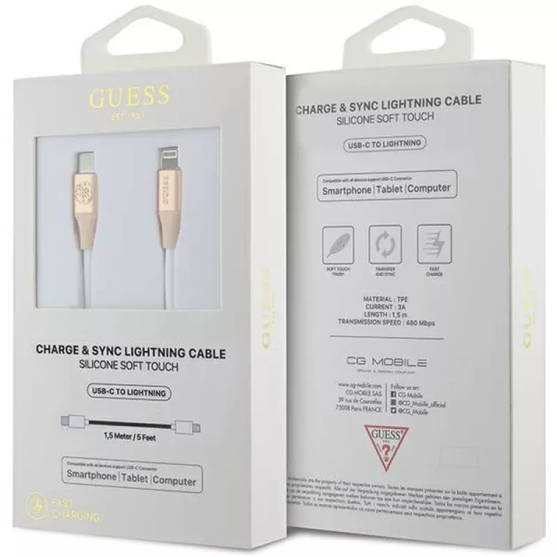 Guess GUCLLALRGDD USB-C uz Lightning kabelis 1,5m Ātrā uzlāde Gaiši zelts ar reljefu logotipu