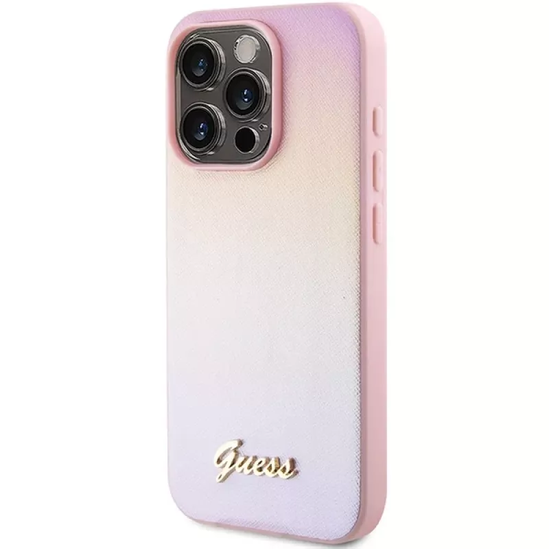 Guess Saffiano Iridescent Script Hard Case for Apple iPhone 15 Pro 6,1 inch - Pink
