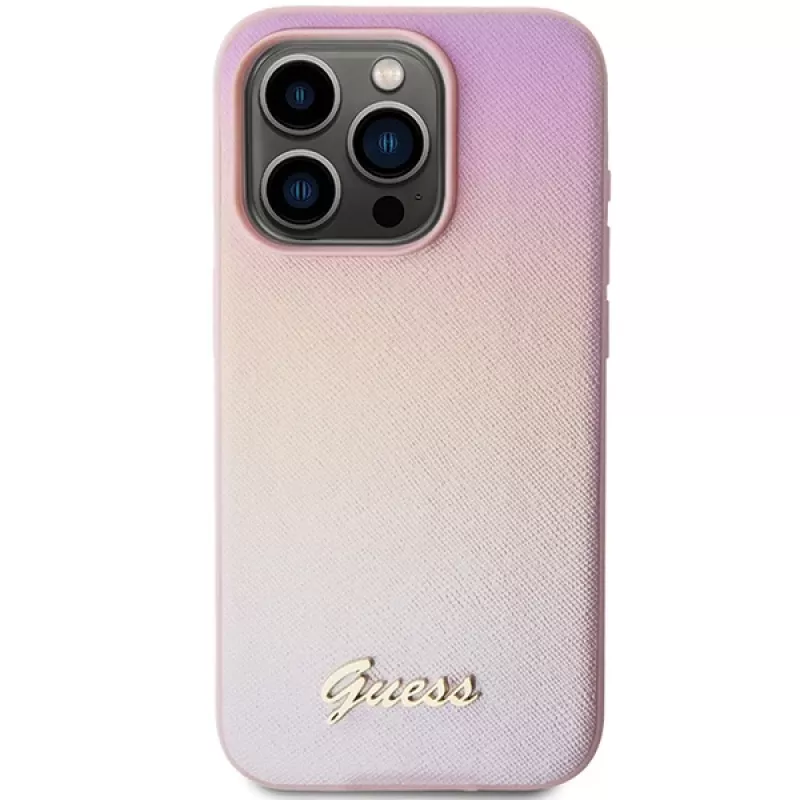 Guess Saffiano Iridescent Script Hard Case for Apple iPhone 15 Pro 6,1 inch - Pink